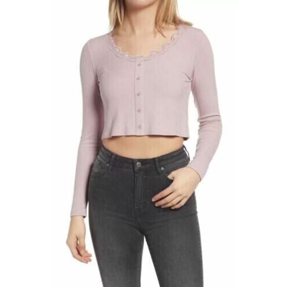 BP Women's Lace Trim Ribbed Button Front Cropped Top Pink Smoke Medium $29 - Picture 1 of 2